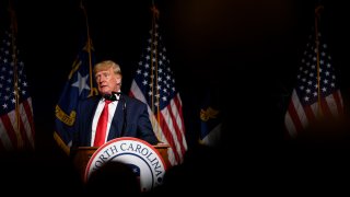 Former U.S. President Donald Trump addresses the NCGOP state convention on June 5, 2021 in Greenville, North Carolina. The event is one of former U.S. President Donald Trumps first high-profile public appearances since leaving the White House in January.