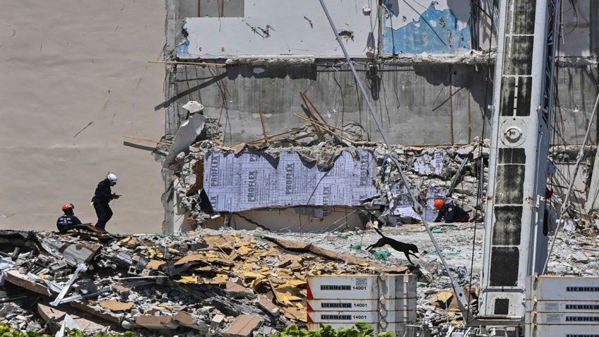 SURFSIDE, FL – JUNE 27: Rescue crews and their search and rescue dog continue to look for survivors in the collapsed Champlain Towers South on June 27, 2021 in Surfside, Fl. (Photo by Ricky Carioti/The Washington Post via Getty Images)