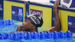 Jun 17, 2021; Omaha, Nebraska, USA; Simone Manuel reacts in the WomenÕs 100 Freestyle Semifinals during the U.S. Olympic Team Trials Swimming competition at CHI Health Center Omaha. Mandatory Credit: Rob Schumacher-USA TODAY Sports