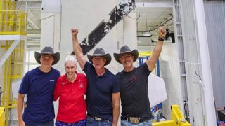 From left: Oliver Daemen, Wally Funk, Jeff Bezos, Mark Bezos.