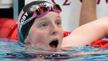 Lydia Jacoby, of the United States, reacts after winning the final of the women's 100-meter breaststroke at the 2020 Summer Olympics on July 27, 2021, in Tokyo, Japan.