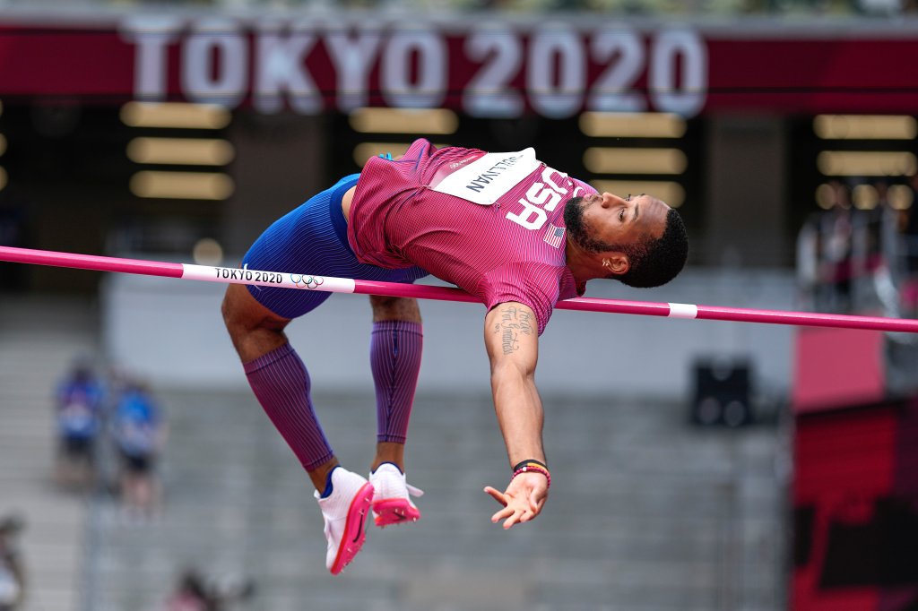 Trey Cunningham, of United States, competes in the preliminary round of the men's high jump