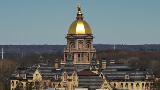 A general view of the Main Administration Building and Golden Dome is seen prior to game action during the Notre Dame Football Blue and Gold Spring game on April 13, 2019
