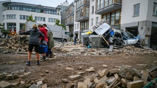Streets and residences damaged by the flooding of the Ahr River are seen on July 16, 2021 in Bad Neuenahr - Ahrweiler, Germany.