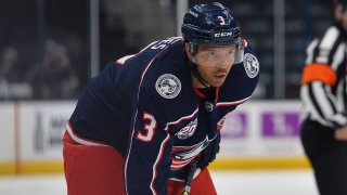 Seth Jones #3 of the Columbus Blue Jackets awaits a face-off during the first period of a game against the Nashville Predators