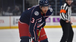 Seth Jones #3 of the Columbus Blue Jackets awaits a face-off during the first period of a game against the Nashville Predators