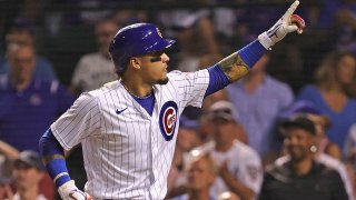 CHICAGO, ILLINOIS – JULY 05: Javier Baez #9 of the Chicago Cubs celebrates his solo home run in the 8th inning against the Philadelphia Phillies at Wrigley Field on July 05, 2021 in Chicago, Illinois. (Photo by Jonathan Daniel/Getty Images)