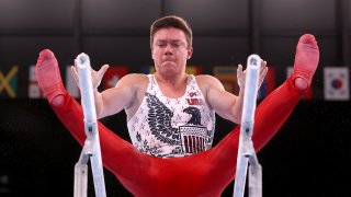 Brody Malone of Team United States competes on parallel bars during Men's Qualification on day one of the Tokyo 2020 Olympic Games at Ariake Gymnastics Centre on July 24, 2021 in Tokyo, Japan.