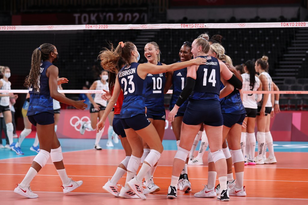 Team United States celebrates after defeating Team Argentina during the Women's Preliminary - Pool B on day two of the Tokyo 2020 Olympic Games at Ariake Arena on July 25, 2021 in Tokyo, Japan.