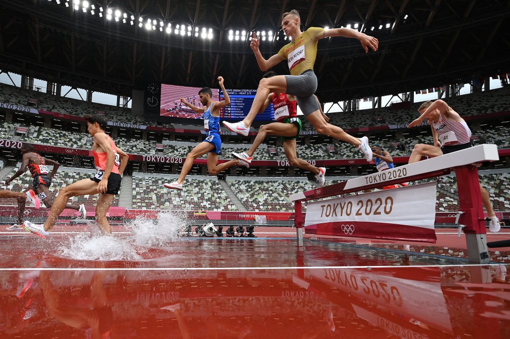 Athletes compete during round one of the Men's 3000m Steeplechase heats