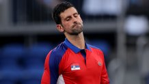 Novak Djokovic of Team Serbia reacts after a point during his Men's Singles Semifinal match against Alexander Zverev of Team Germany on day seven of the Tokyo 2020 Olympic Games at Ariake Tennis Park on July 30, 2021 in Tokyo, Japan.
