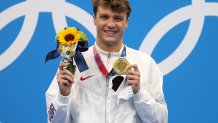 Gold medalist Robert Finke of Team United States poses in the podium of Men's 1500m Freestyle on day nine of the Tokyo 2020 Olympic Games at Tokyo Aquatics Centre on August 01, 2021 in Tokyo, Japan.