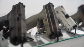 Smith & Wesson Brands Inc. and Springfield Armory Inc. semi-automatic pistols for sale at Hiram’s Guns / Firearms Unknown store in El Cajon, California, U.S., on Monday, April 26, 2021. President Joe Biden’s planned executive actions would crack down on “ghost guns,” which can be assembled from kits and are not traceable by law enforcement because they lack serial numbers, as well as braces for pistols that make firearms more stable and accurate. Photographer: Bing Guan/Bloomberg via Getty Images