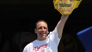 Jun 7, 2015; Long Pond, PA, USA; American competitive eater Joey Chestnut prior to the Axalta We Paint Winners 400 at Pocono Raceway. Mandatory Credit: Matthew O’Haren-USA TODAY Sports