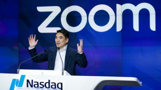 Zoom CEO Eric Yuan speaks before the Nasdaq opening bell ceremony in New York on April 18, 2019.