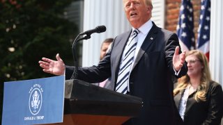 Former U.S. President Donald Trump speaks during a press conference announcing a class action lawsuit against big tech companies at the Trump National Golf Club Bedminster on July 07, 2021 in Bedminster, New Jersey.