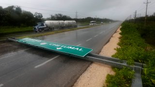 A road sign brought down