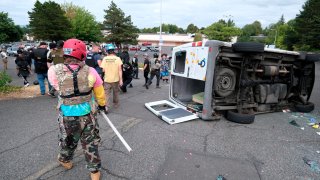 Anti-fascist protesters is pictured flipped on its side