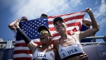 April Ross, left, of the United States, and teammate Alix Klineman celebrate