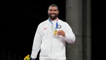 United States' Gable Dan Steveson celebrates with his gold medal during the victory ceremony for men's freestyle 125kg wrestling at the 2020 Summer Olympics, Friday, Aug. 6, 2021, in Chiba, Japan.