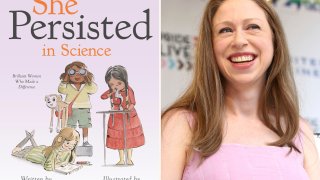 This combination photo shows the cover image for "She Persisted in Science: Brilliant Women Who Made a Difference" by Chelsea Clinton, left, and Clinton