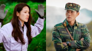 Son Ye-jin, left, and Hyun Bin in scenes from the South Korean drama series "Crash Landing on You."