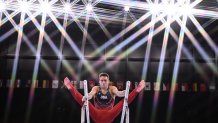 USA's Samuel Mikulak competes in the artistic gymnastics men's parallel bars final