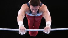 USA's Brody Malone competes in the artistic gymnastics men's horizontal bar final