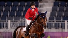 Jessica Springsteen, competing with Don Juan van de Donkhoeve, at the Tokyo Olympics team qualifier at Equestrian Park, Tokyo, Aug. 6, 2021.