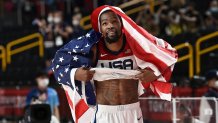 Kevin Durant has the US flag around him