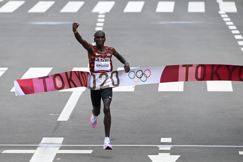 Kenya's Eliud Kipchoge crosses the finish line to win the Men's Marathon final during the Tokyo 2020 Olympic Games in Sapporo, Japan on Aug. 8, 2021.