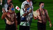 Athletes walk across the field during the closing ceremony of the Tokyo 2020 Olympic Games, on Aug. 8, 2021 at the Olympic Stadium in Tokyo.