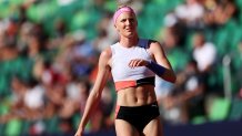 EUGENE, OREGON - JUNE 24: Sandi Morris warms up before she competes in the first round of the Women's Pole Vault on day seven of the 2020 U.S. Olympic Track & Field Team Trials at Hayward Field on June 24, 2021 in Eugene, Oregon. (Photo by Patrick Smith/Getty Images)