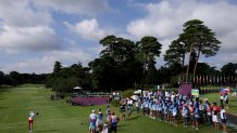 Nelly Korda of Team United States plays her shot from the first tee during the first round of the Women's Individual Stroke Play on day twelve of the Tokyo 2020 Olympic Games at Kasumigaseki Country Club on Aug. 4, 2021, in Kawagoe, Japan.