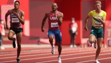 Pierce Lepage of Team Canada, Garrett Scantling of Team United States and Ashley Moloney of Team Australia compete in the Men's Decathlon 100m heats on day 12 of the Tokyo 2020 Olympic Games at Olympic Stadium on Aug. 4, 2021, in Tokyo, Japan.