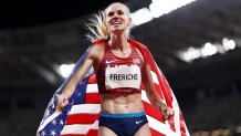 Courtney Frerichs of Team USA celebrates after winning the silver medal in the Women's 3000m Steeplechase Final on day twelve of the Tokyo Olympic Games at Olympic Stadium on Aug. 4, 2021 in Tokyo, Japan.