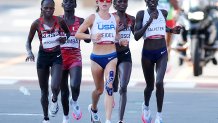 Peres Jepchirchir of Team Kenya, Eunice Chebichii Chumba of Team Bahrain, Molly Seidel of Team United States, Brigid Kosgei of Team Kenya and Lonah Chemtai Salpeter of Team Israel compete in the Women's Marathon Final on day 15 of the Tokyo 2020 Olympic Games at Kasumigaseki Country Club on Aug. 7, 2021, in Kawagoe, Japan.