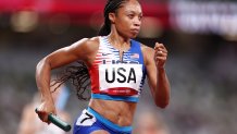 Allyson Felix of Team USA competes in the Women's 4 x 400m Relay Final on day fifteen of the Tokyo 2020 Olympic Games at Olympic Stadium on Aug. 7, 2021 in Tokyo, Japan.