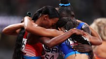 The U.S. women's 4x400 relay team celebrates