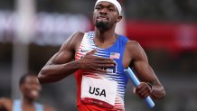 Rai Benjamin of Team United States celebrates winning the gold medal as he crosses the finish line in the Men's 4x400m Relay Final on day fifteen of the Tokyo 2020 Olympic Games at Olympic Stadium on Aug. 7, 2021 in Tokyo, Japan.