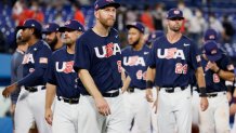 Players of Team Unites States show dejection after their 0-2 defeat during the gold medal game between Team United States and Team Japan on day fifteen of the Tokyo 2020 Olympic Games at Yokohama Baseball Stadium on Aug. 7, 2021 in Yokohama, Kanagawa, Japan.
