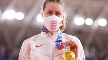 Gold medalist Jennifer Valente of Team United States, poses during the medal ceremony after the Women's Omnium finals of the track cycling on day sixteen of the Tokyo 2020 Olympic Games at Izu Velodrome on August 08, 2021 in Izu, Shizuoka, Japan.