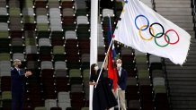Mayor of Paris, Anne Hidalgo receives the olympic flag from President of the International Olympic Committee, Thomas Bach during the Closing Ceremony of the Tokyo 2020 Olympic Games at Olympic Stadium on Aug. 8, 2021 in Tokyo, Japan.