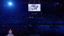 The presentation for Paris 2024 is seen during the Closing Ceremony of the Tokyo 2020 Olympic Games at Olympic Stadium on August 08, 2021 in Tokyo, Japan.