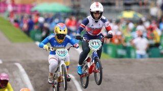 Mariana Pajon of Team Colombia and Bethany Shriever of Team Great Britain as they jump during the Women's BMX final on day seven of the Tokyo 2020 Olympic Games