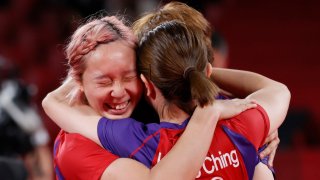 Hong Kong celebrates winning women's team bronze in table tennis at the 2020 Olympics