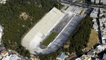 A bird's-eye view of the Panathenian Marble Stadium, which held the first modern Olympic Games in 1896, dated 25 July 2003, one year ahead of the August 2004 Summer Olympics. The venue will host the Archery and the finish of the Marathon. (Photo credit should read ARIS MESSINIS/AFP via Getty Images)
