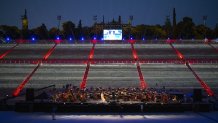 Russian opera soprano singer Anna Netrebko performs during a rehearsal at the Panathenaic Stadium in Athens on July 8, 2021. - Russian operatic superstar Anna Netrebko makes a rare appearance in Athens later on July 10 in an all-star concert that will mark the reopening of live performances at the Greek National Opera even as authorities are alarmed by a resurgence in Covid-19 infections. (Photo by Angelos Tzortzinis / AFP) (Photo by ANGELOS TZORTZINIS/AFP via Getty Images)