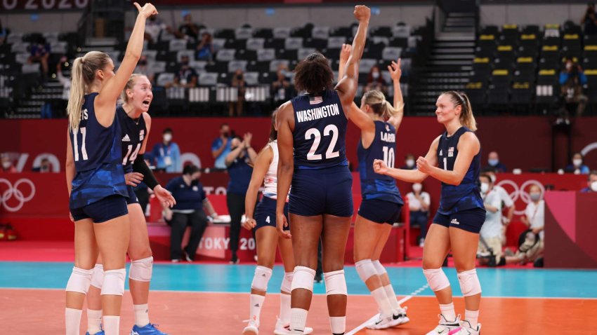 The U.S. women’s volleyball team celebrates after defeating the Dominican Republic in the quarterfinals at the Tokyo Olympics.