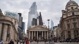 General view of The Royal Exchange, Bank of England and City of London on an overcast day.